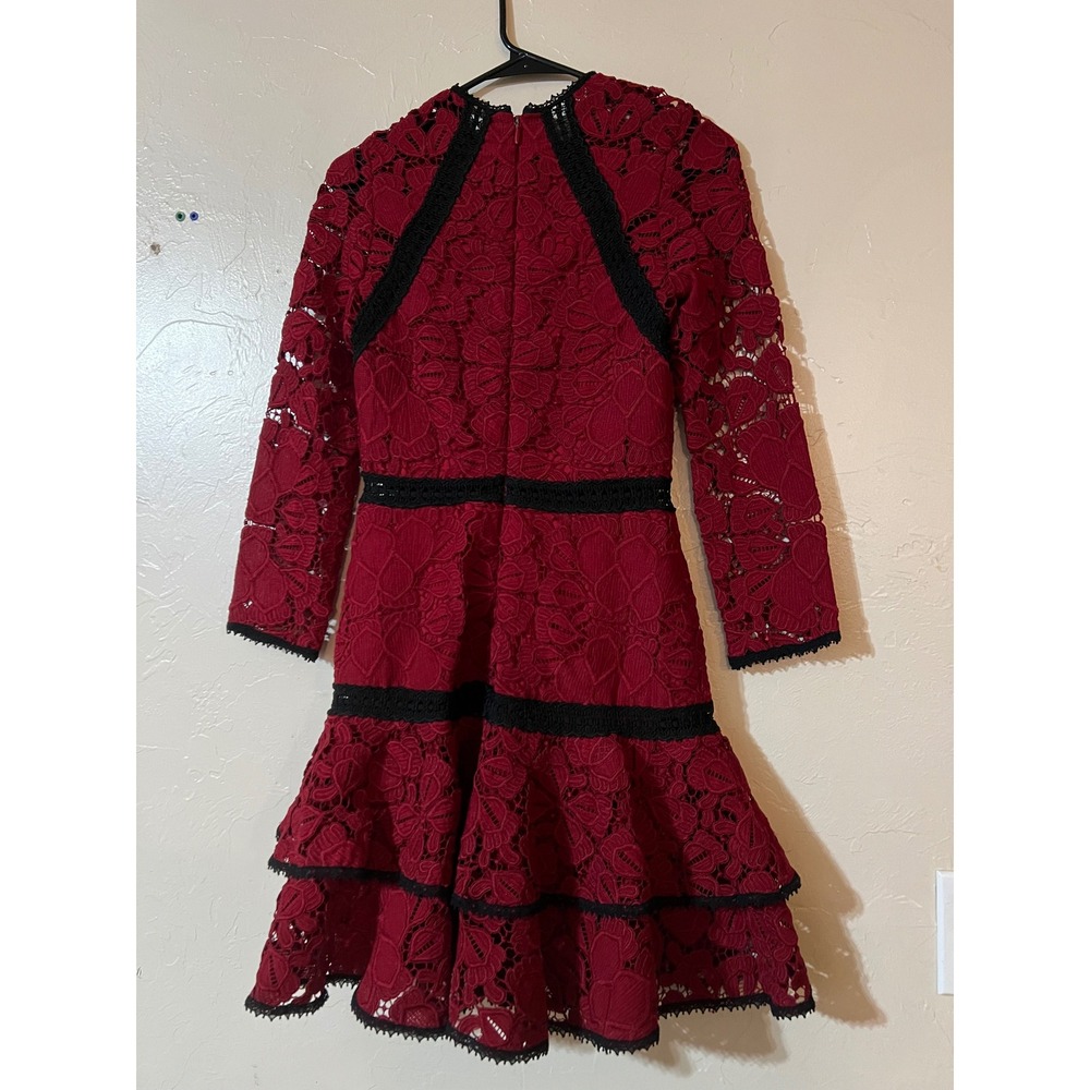 Alexis Khans Dress Burgundy Lace Long Sleeve Tiered Ruffle Mock Neck Cocktail S - Picture 5 of 10